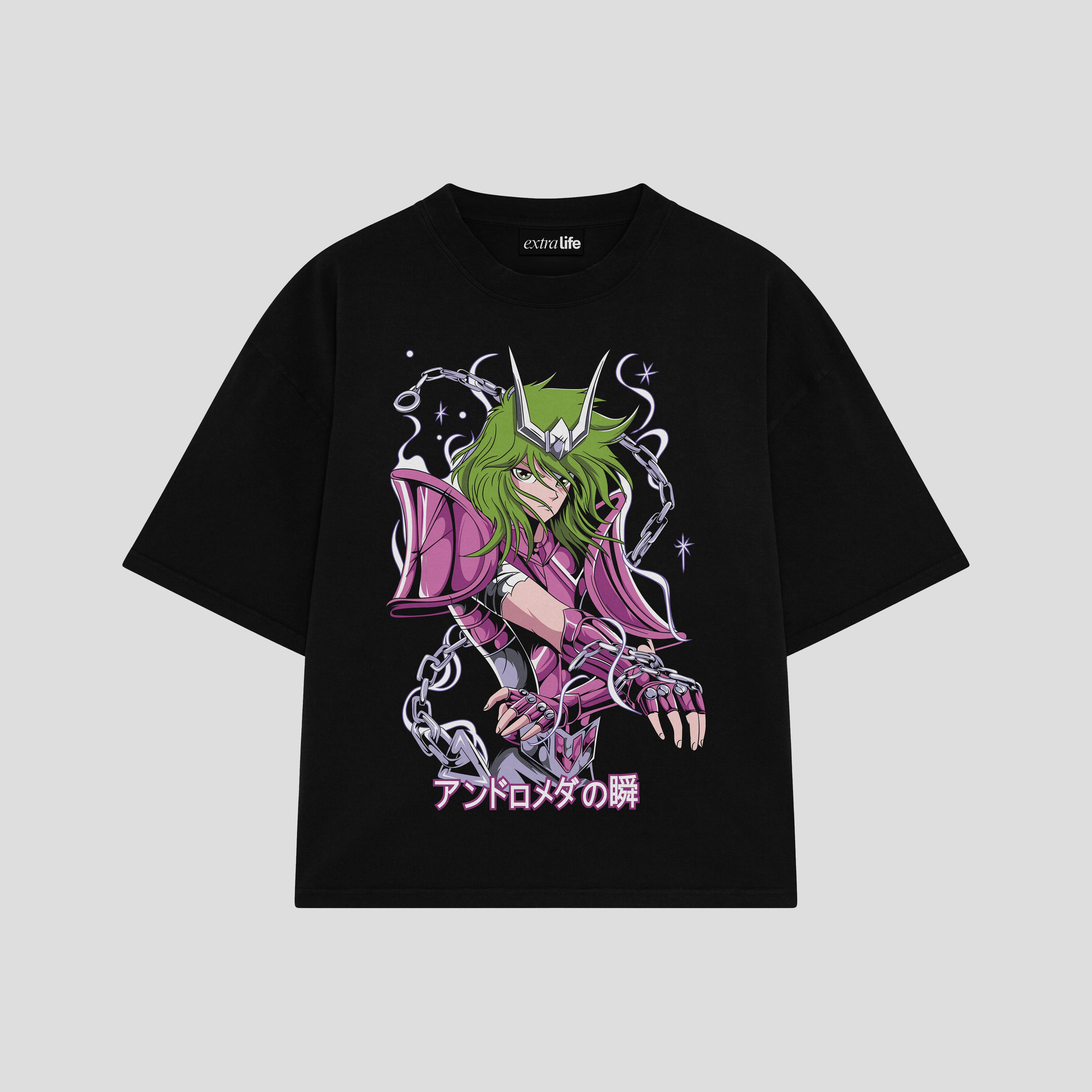 Playera streetwear premium de anime y gaming ExtraLife MX, corte boxy oversized drop shoulder heavyweight en color Deep Black y Off-White, moda urbana mexicana de culto.