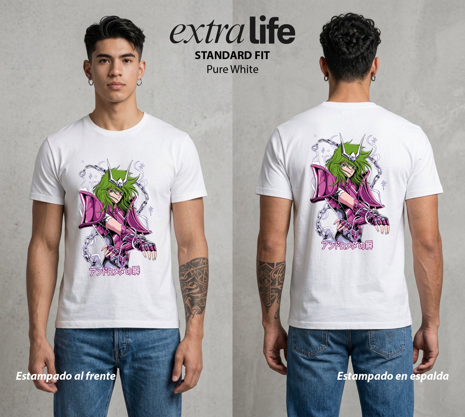 Los Caballeros del Cosmos | El Mas Gentil del Grupo #03789 - Playera Standard Fit | Pure White - Foto en modelo