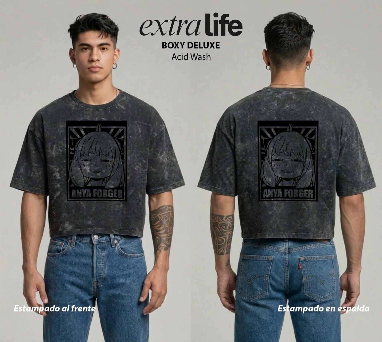 Playera streetwear premium de anime y gaming ExtraLife MX, corte boxy deluxe mineral wash heavyweight en color Acid Wash, moda urbana mexicana de culto.