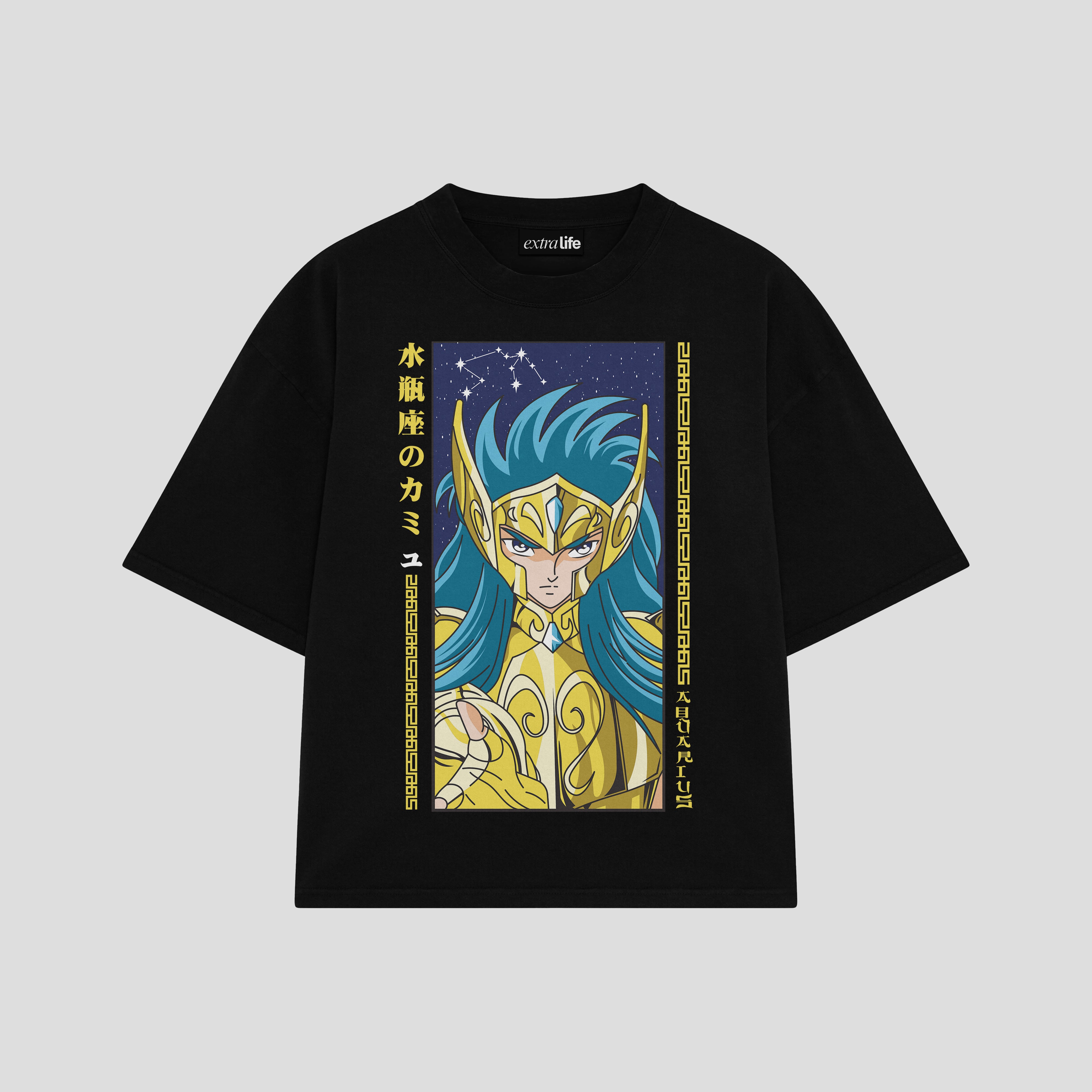Playera streetwear premium de anime y gaming ExtraLife MX, corte boxy oversized drop shoulder heavyweight en color Deep Black y Off-White, moda urbana mexicana de culto.
