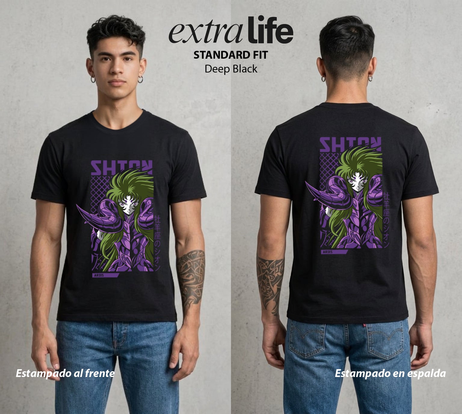 Los Caballeros del Cosmos | El Meteor del Cosmos #03798 - Playera Standard Fit | Deep Black - Foto en modelo