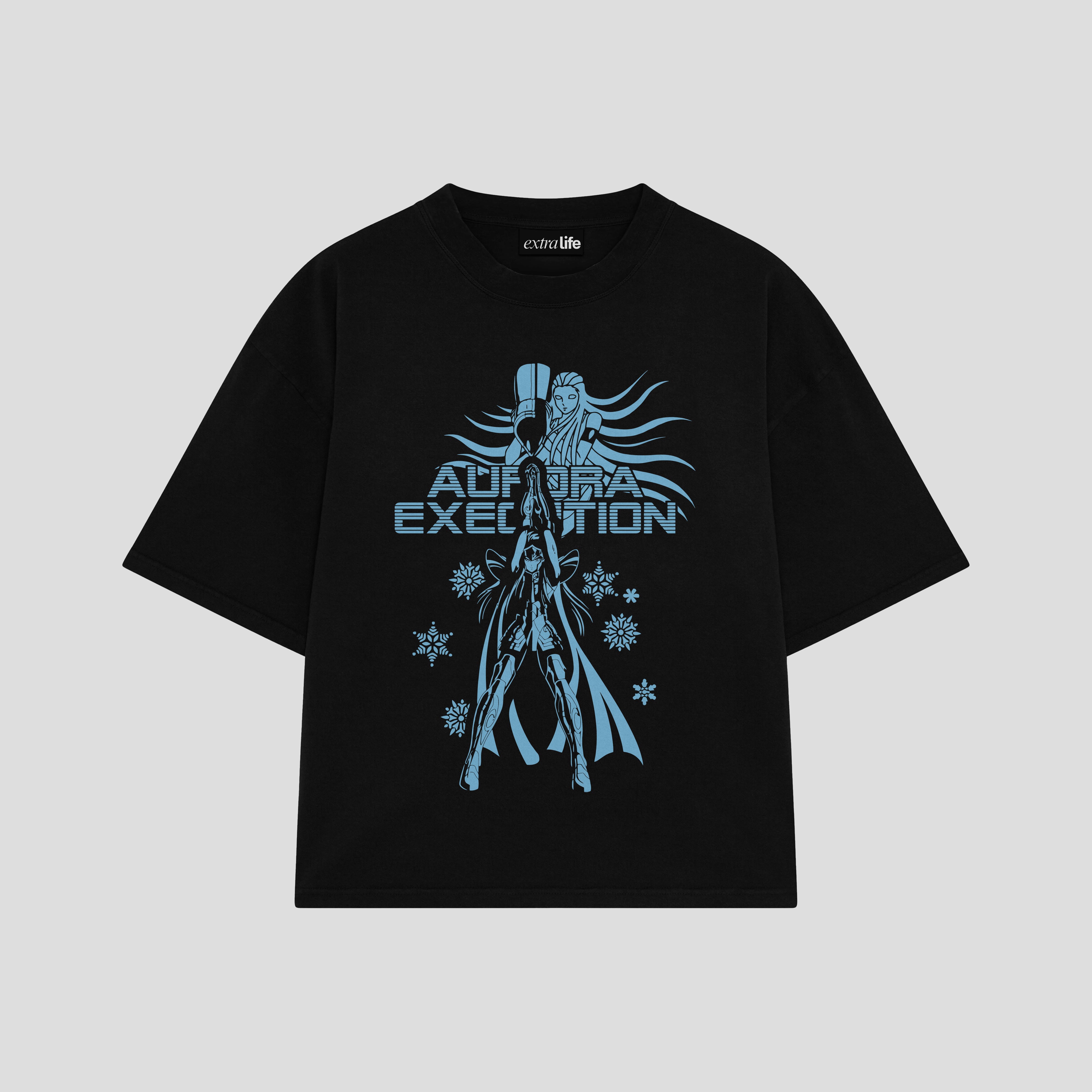 Playera streetwear premium de anime y gaming ExtraLife MX, corte boxy oversized drop shoulder heavyweight en color Deep Black y Off-White, moda urbana mexicana de culto.