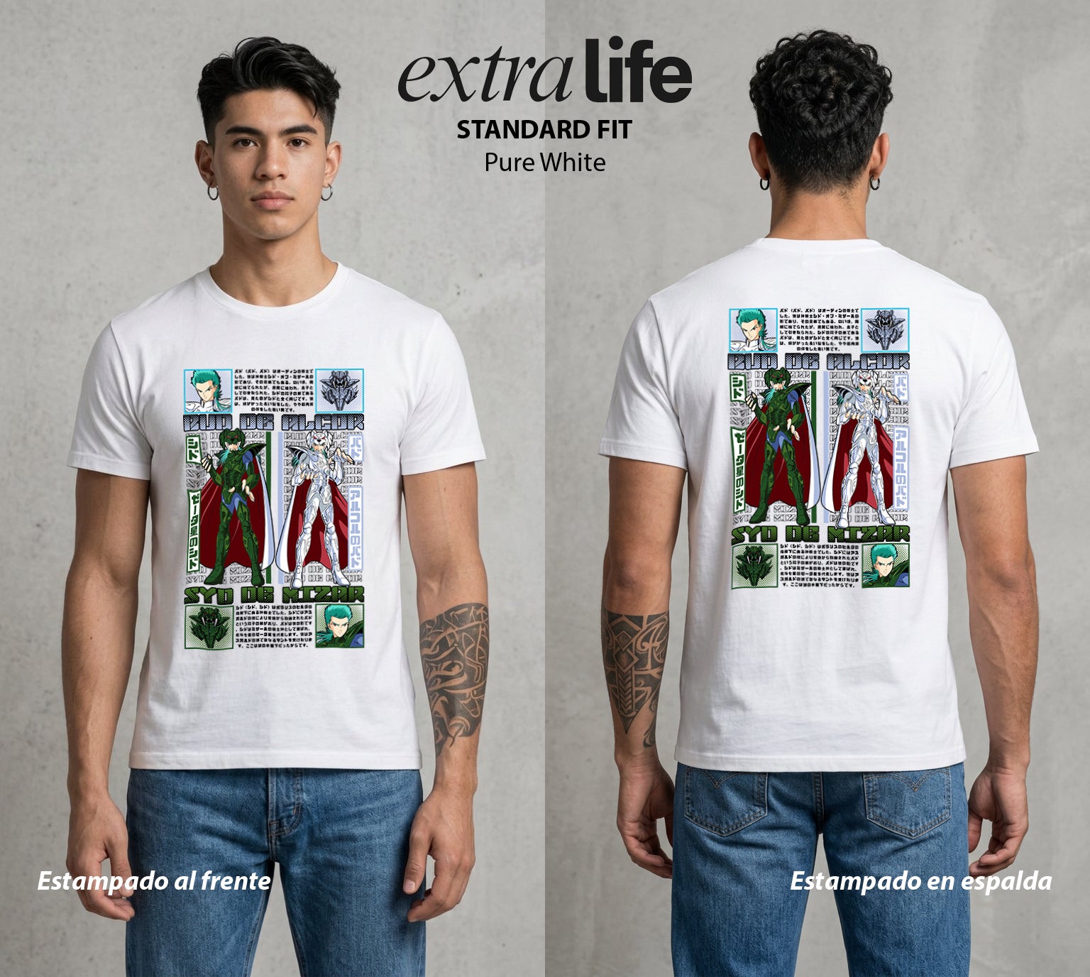 Los Caballeros del Cosmos | El Meteor del Cosmos #03802 - Playera Standard Fit | Pure White - Foto en modelo
