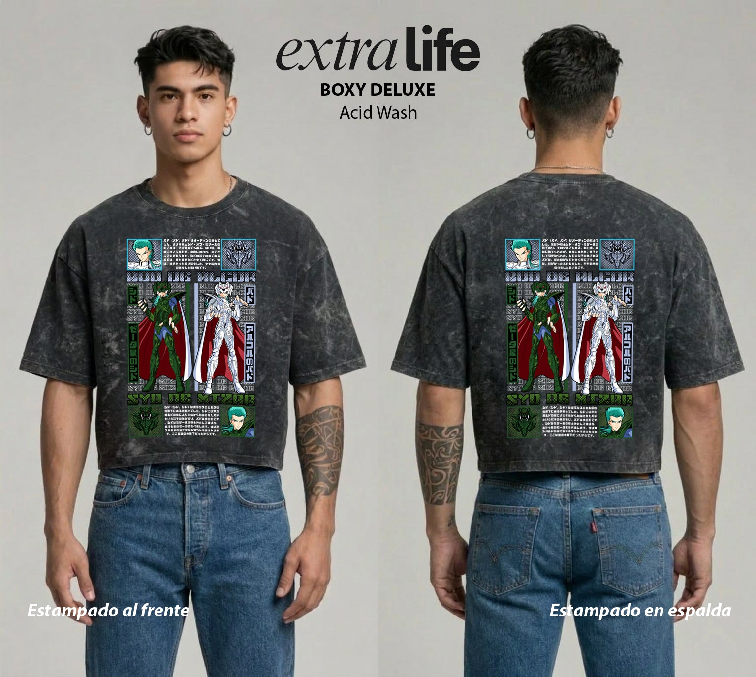 Playera streetwear premium de anime y gaming ExtraLife MX, corte boxy deluxe mineral wash heavyweight en color Acid Wash, moda urbana mexicana de culto.