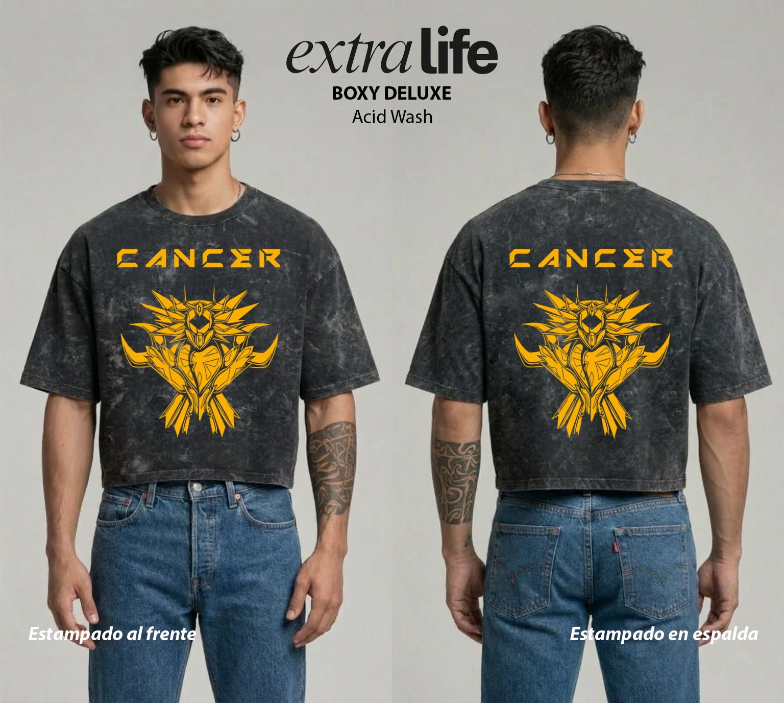 Playera streetwear premium de anime y gaming ExtraLife MX, corte boxy deluxe mineral wash heavyweight en color Acid Wash, moda urbana mexicana de culto.