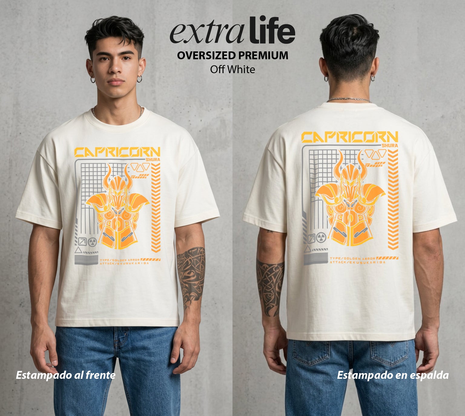 Los Caballeros del Cosmos | El Meteor del Cosmos #03807 - Playera Oversized Premium | Off White - Foto en modelo
