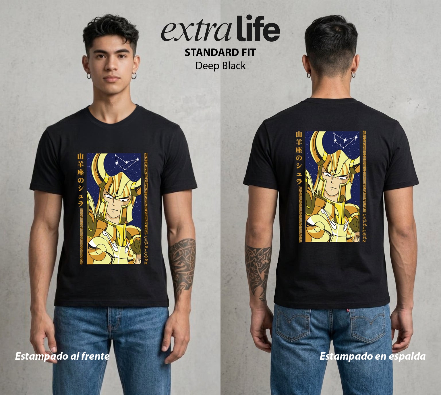 Los Caballeros del Cosmos | El Meteor del Cosmos #03808 - Playera Standard Fit | Deep Black - Foto en modelo
