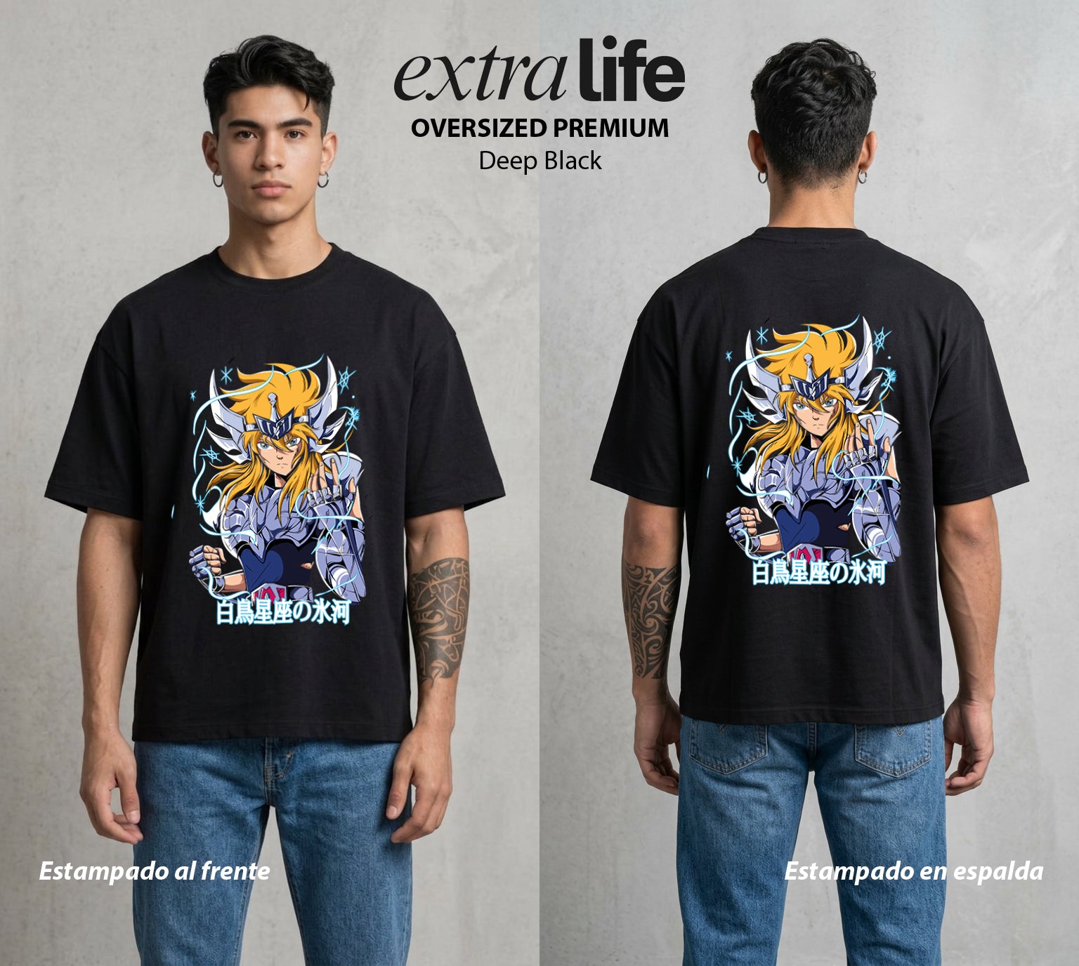 Los Caballeros del Cosmos | El Hielo del Norte #03811 - Playera Oversized Premium | Deep Black - Foto en modelo