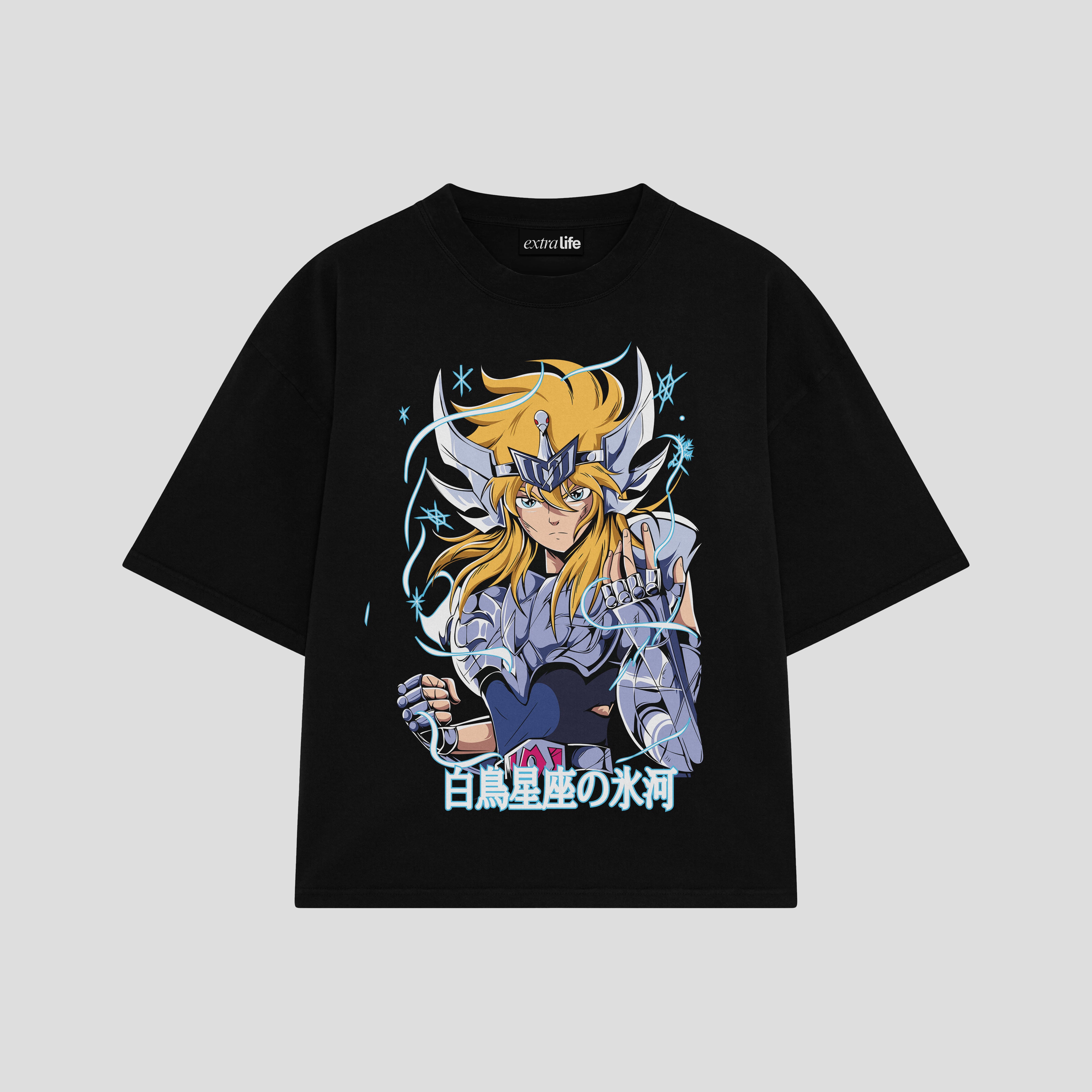 Playera streetwear premium de anime y gaming ExtraLife MX, corte boxy oversized drop shoulder heavyweight en color Deep Black y Off-White, moda urbana mexicana de culto.
