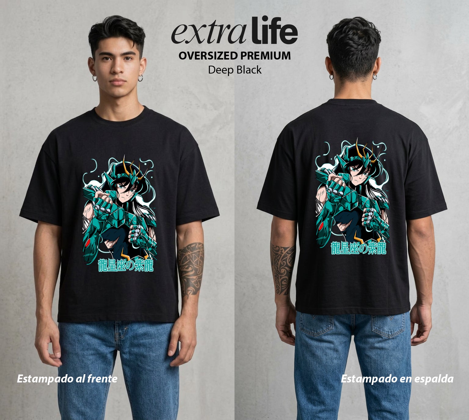 Los Caballeros del Cosmos | El Dragon del Escudo #03813 - Playera Oversized Premium | Deep Black - Foto en modelo