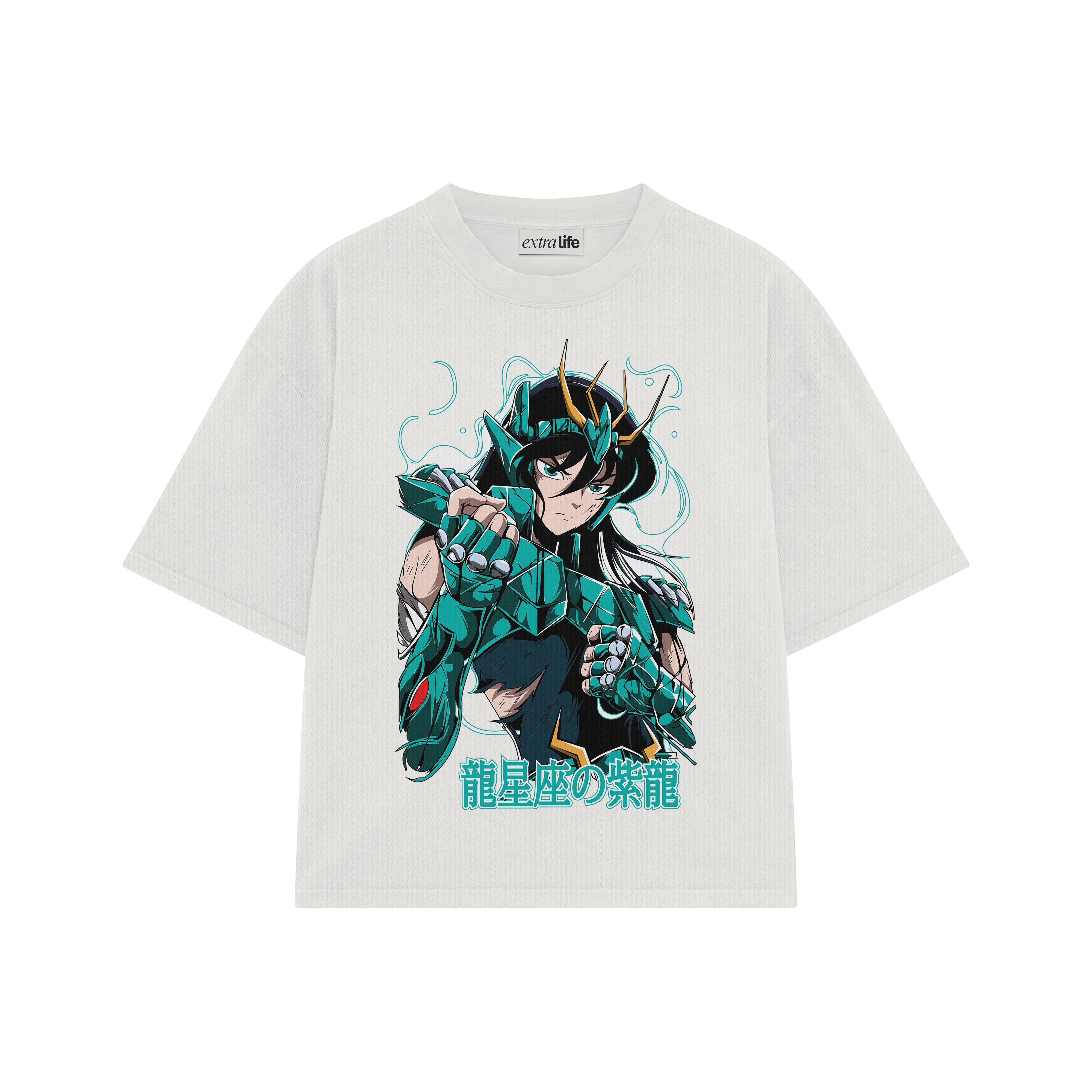 Playera streetwear premium de anime y gaming ExtraLife MX, corte boxy oversized drop shoulder heavyweight en color Deep Black y Off-White, moda urbana mexicana de culto.