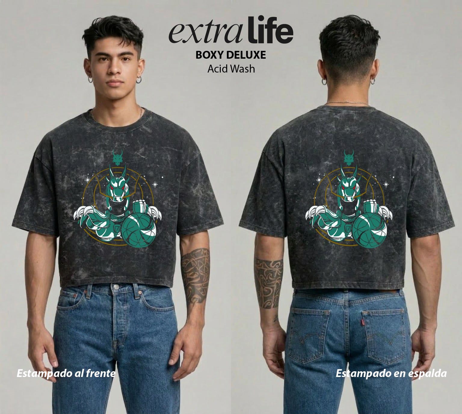 Playera streetwear premium de anime y gaming ExtraLife MX, corte boxy deluxe mineral wash heavyweight en color Acid Wash, moda urbana mexicana de culto.