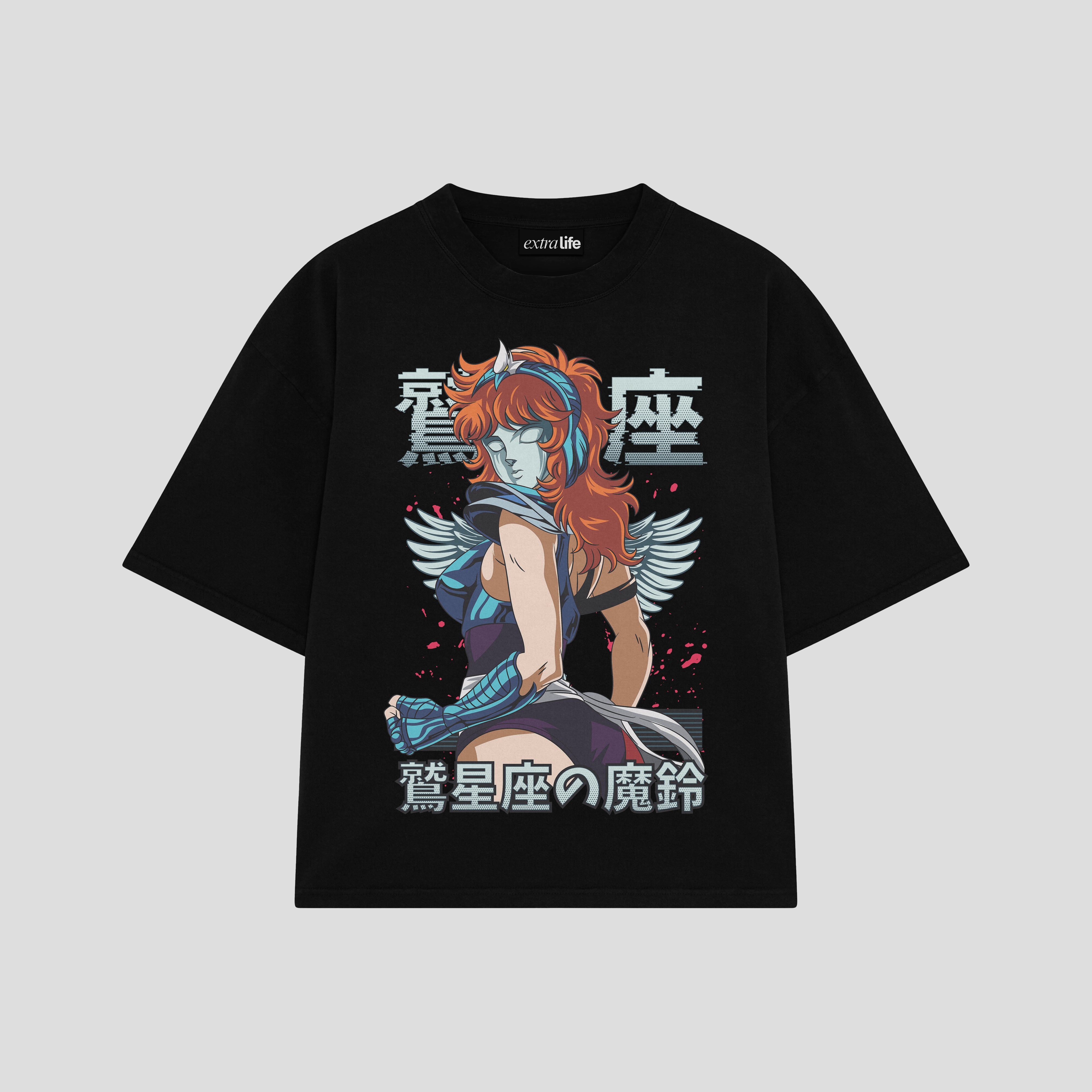 Playera streetwear premium de anime y gaming ExtraLife MX, corte boxy oversized drop shoulder heavyweight en color Deep Black y Off-White, moda urbana mexicana de culto.