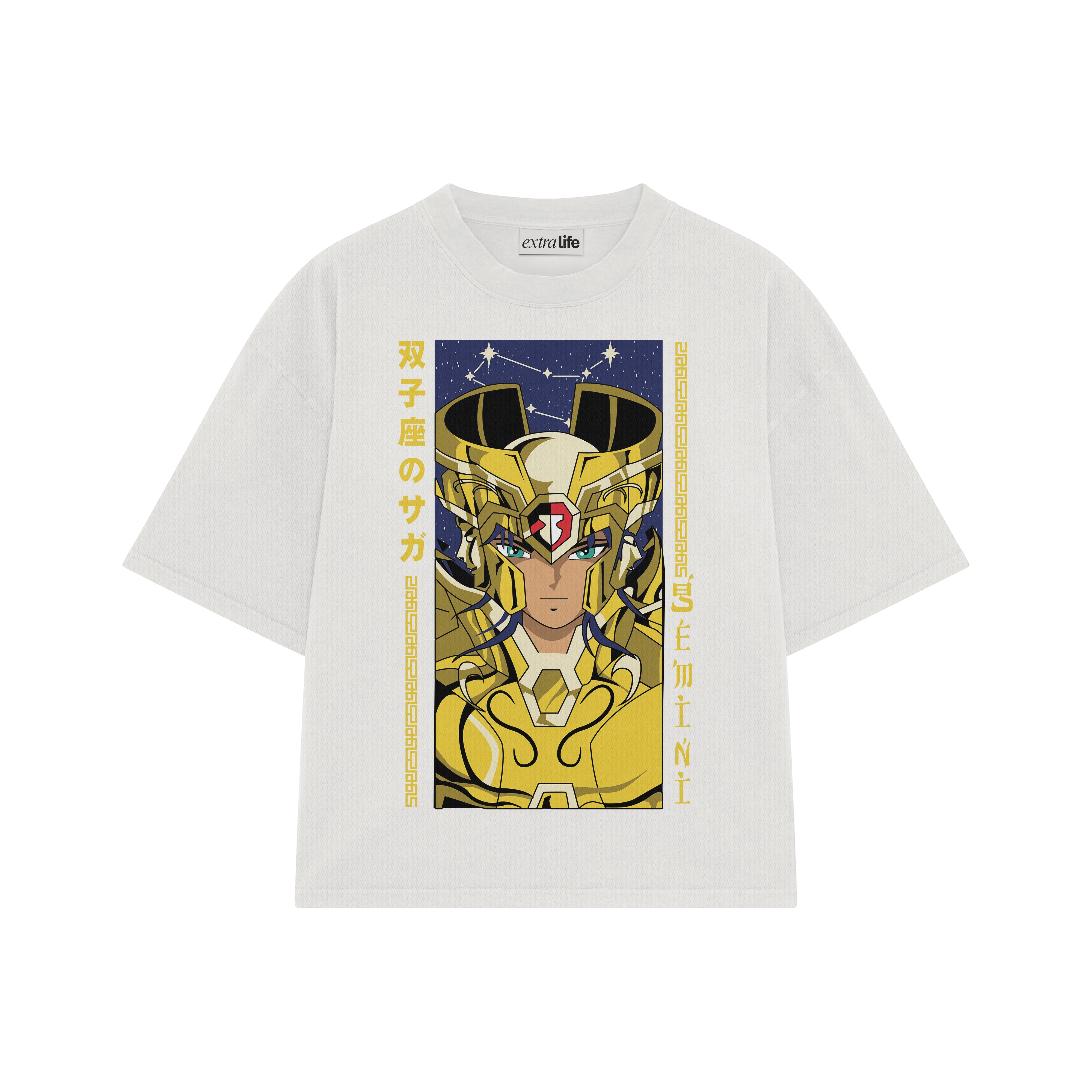 Playera streetwear premium de anime y gaming ExtraLife MX, corte boxy oversized drop shoulder heavyweight en color Deep Black y Off-White, moda urbana mexicana de culto.