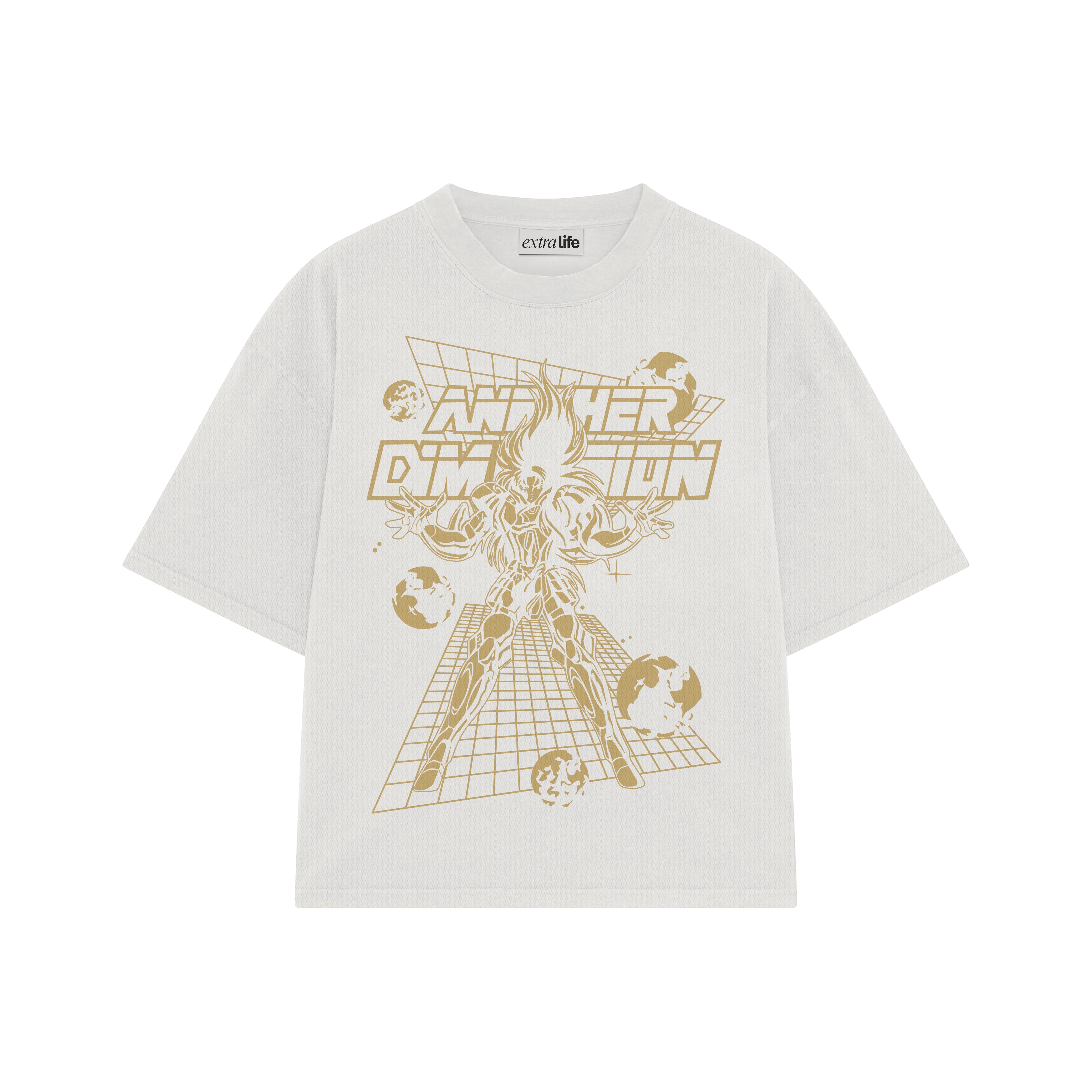 Playera streetwear premium de anime y gaming ExtraLife MX, corte boxy oversized drop shoulder heavyweight en color Deep Black y Off-White, moda urbana mexicana de culto.