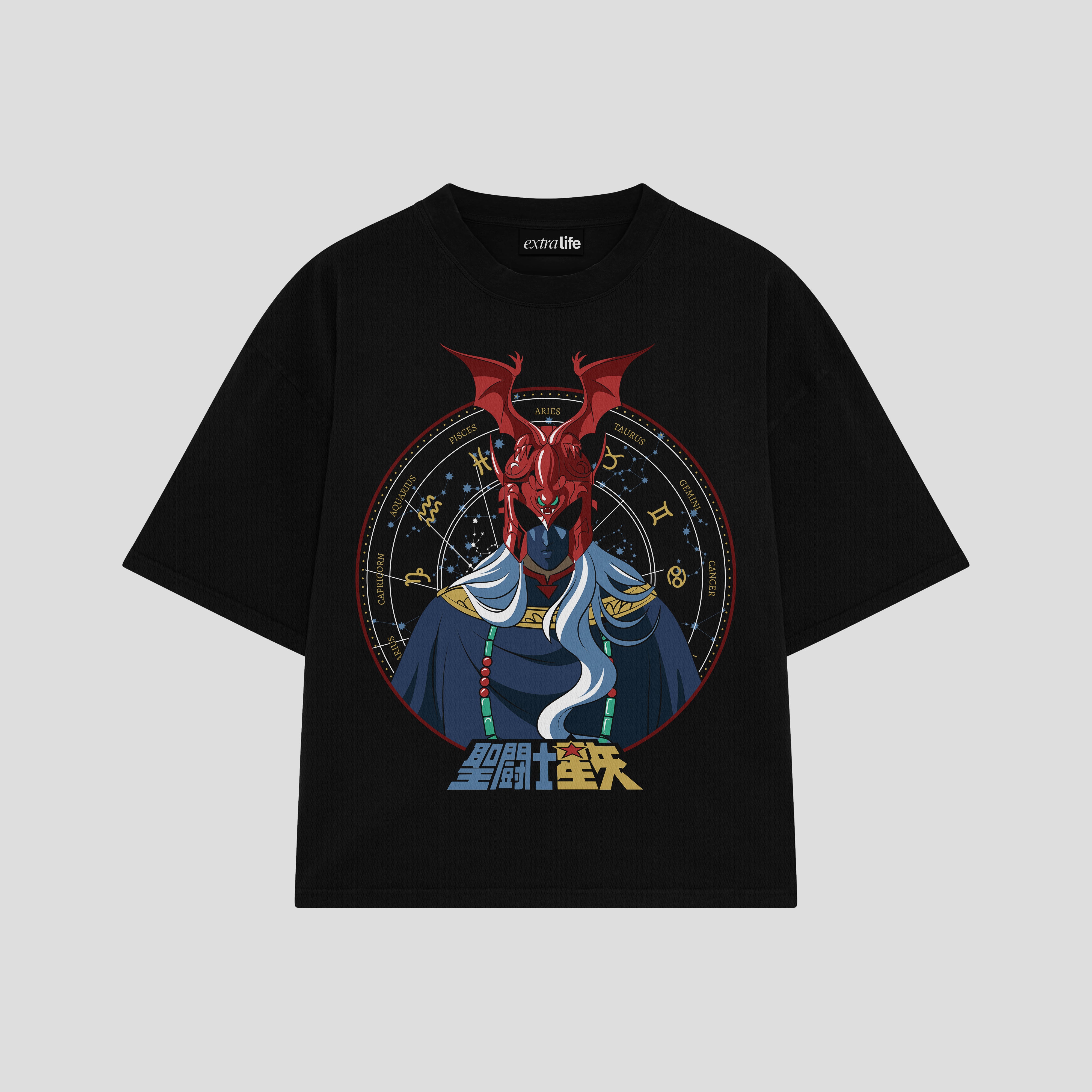 Playera streetwear premium de anime y gaming ExtraLife MX, corte boxy oversized drop shoulder heavyweight en color Deep Black y Off-White, moda urbana mexicana de culto.
