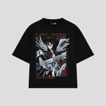 Playera streetwear premium de anime y gaming ExtraLife MX, corte boxy oversized drop shoulder heavyweight en color Deep Black y Off-White, moda urbana mexicana de culto.