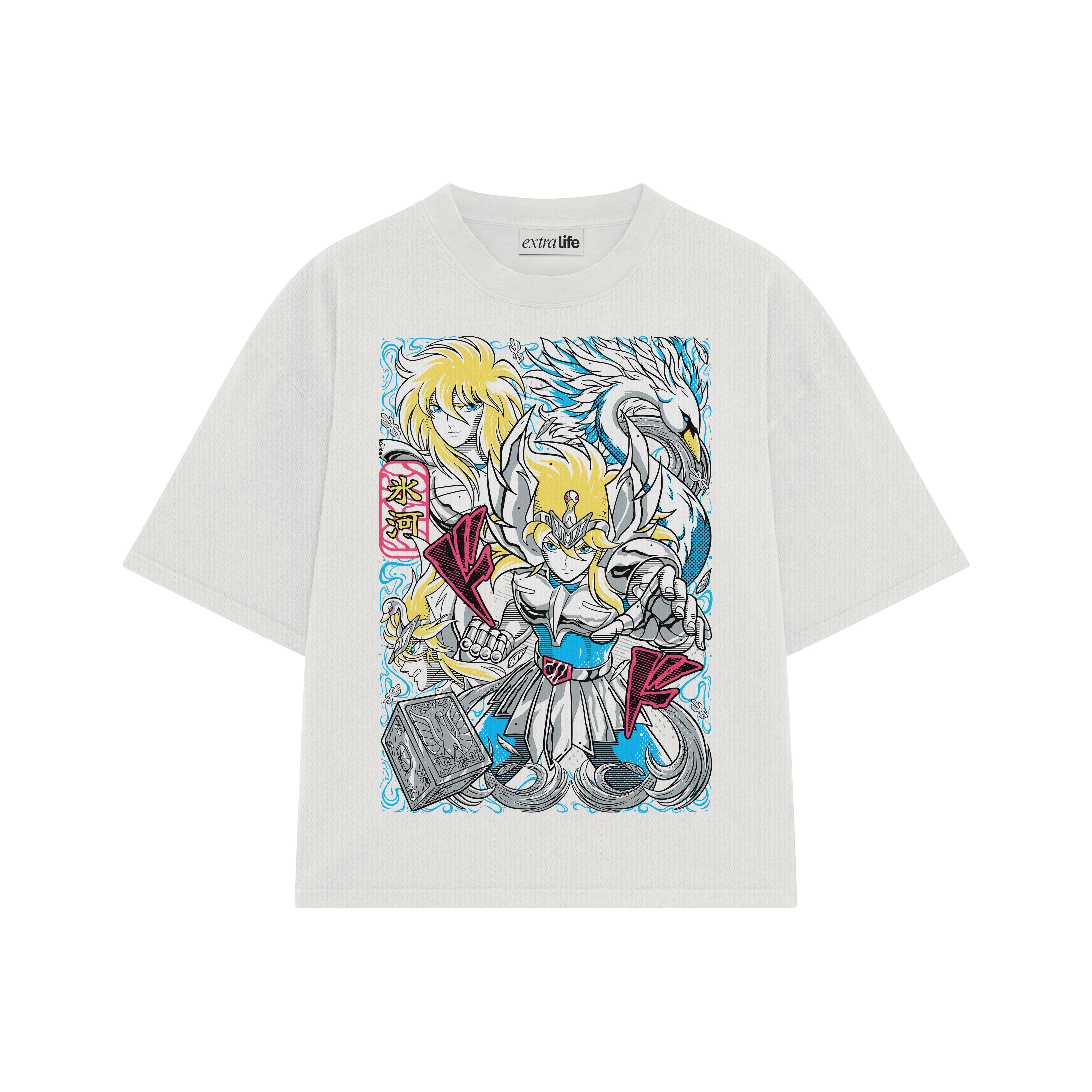 Playera streetwear premium de anime y gaming ExtraLife MX, corte boxy oversized drop shoulder heavyweight en color Deep Black y Off-White, moda urbana mexicana de culto.