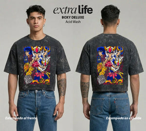 Playera streetwear premium de anime y gaming ExtraLife MX, corte boxy deluxe mineral wash heavyweight en color Acid Wash, moda urbana mexicana de culto.