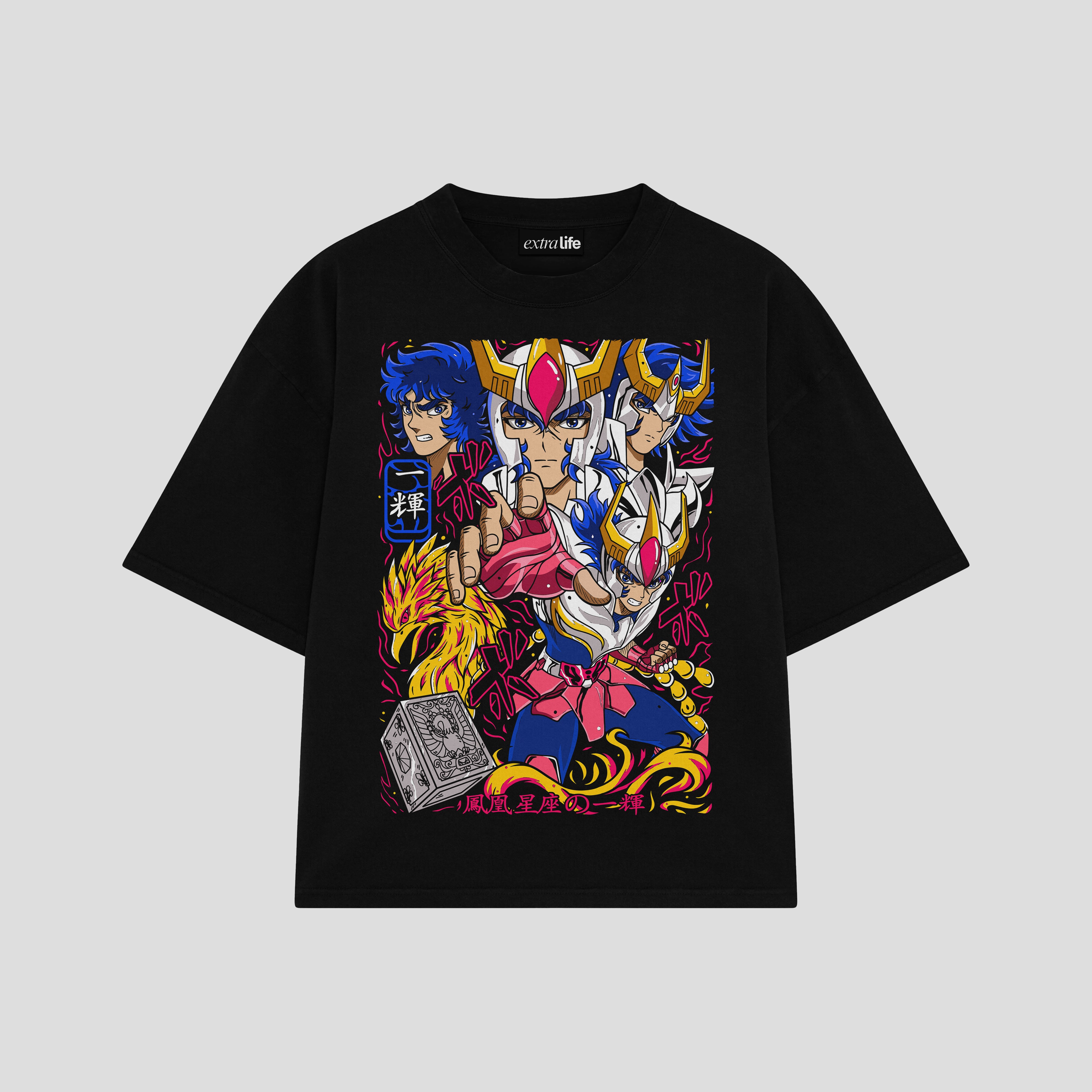 Playera streetwear premium de anime y gaming ExtraLife MX, corte boxy oversized drop shoulder heavyweight en color Deep Black y Off-White, moda urbana mexicana de culto.