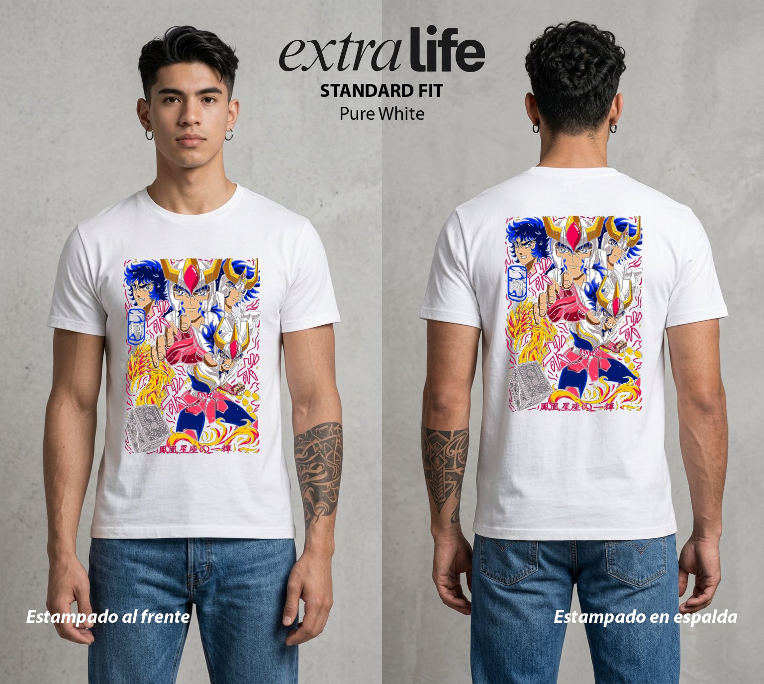 Los Caballeros del Cosmos | El Fenix del Renacimiento #03827 - Playera Standard Fit | Pure White - Foto en modelo