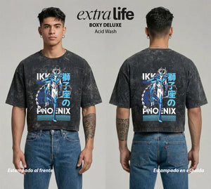 Playera streetwear premium de anime y gaming ExtraLife MX, corte boxy deluxe mineral wash heavyweight en color Acid Wash, moda urbana mexicana de culto.