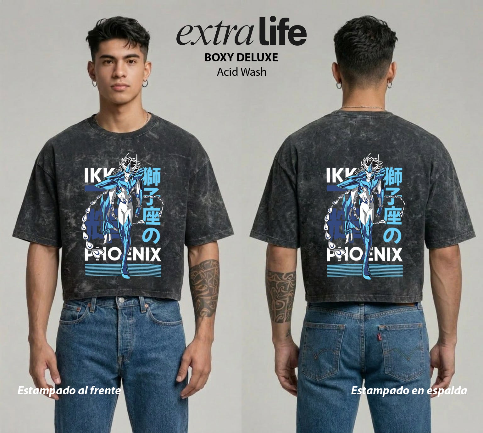 Playera streetwear premium de anime y gaming ExtraLife MX, corte boxy deluxe mineral wash heavyweight en color Acid Wash, moda urbana mexicana de culto.