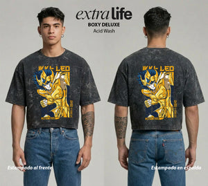 Playera streetwear premium de anime y gaming ExtraLife MX, corte boxy deluxe mineral wash heavyweight en color Acid Wash, moda urbana mexicana de culto.