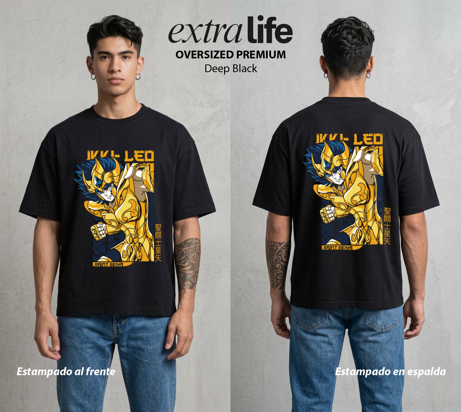 Los Caballeros del Cosmos | El Fenix del Renacimiento #03832 - Playera Oversized Premium | Deep Black - Foto en modelo