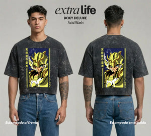 Playera streetwear premium de anime y gaming ExtraLife MX, corte boxy deluxe mineral wash heavyweight en color Acid Wash, moda urbana mexicana de culto.