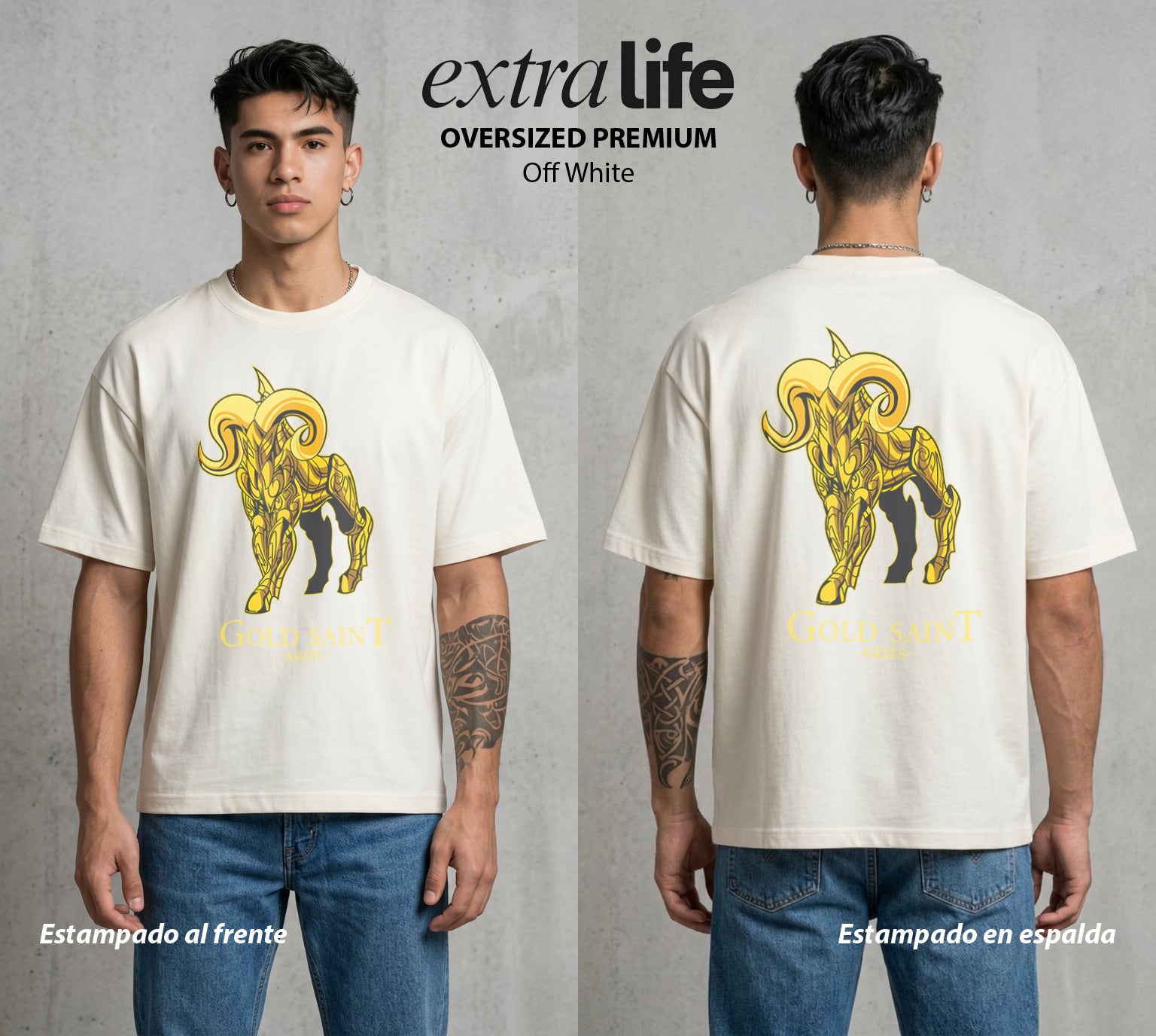 Los Caballeros del Cosmos | El Pegaso del Bien #03841 - Playera Oversized Premium | Off White - Foto en modelo