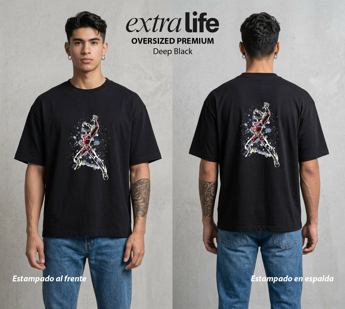 Los Caballeros del Cosmos | El Meteor del Cosmos #03844 - Playera Oversized Premium | Deep Black - Foto en modelo