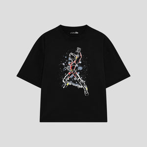 Playera streetwear premium de anime y gaming ExtraLife MX, corte boxy oversized drop shoulder heavyweight en color Deep Black y Off-White, moda urbana mexicana de culto.
