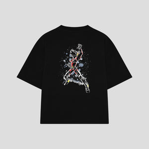 Playera streetwear premium de anime y gaming ExtraLife MX, corte boxy oversized drop shoulder heavyweight en color Deep Black y Off-White, moda urbana mexicana de culto.