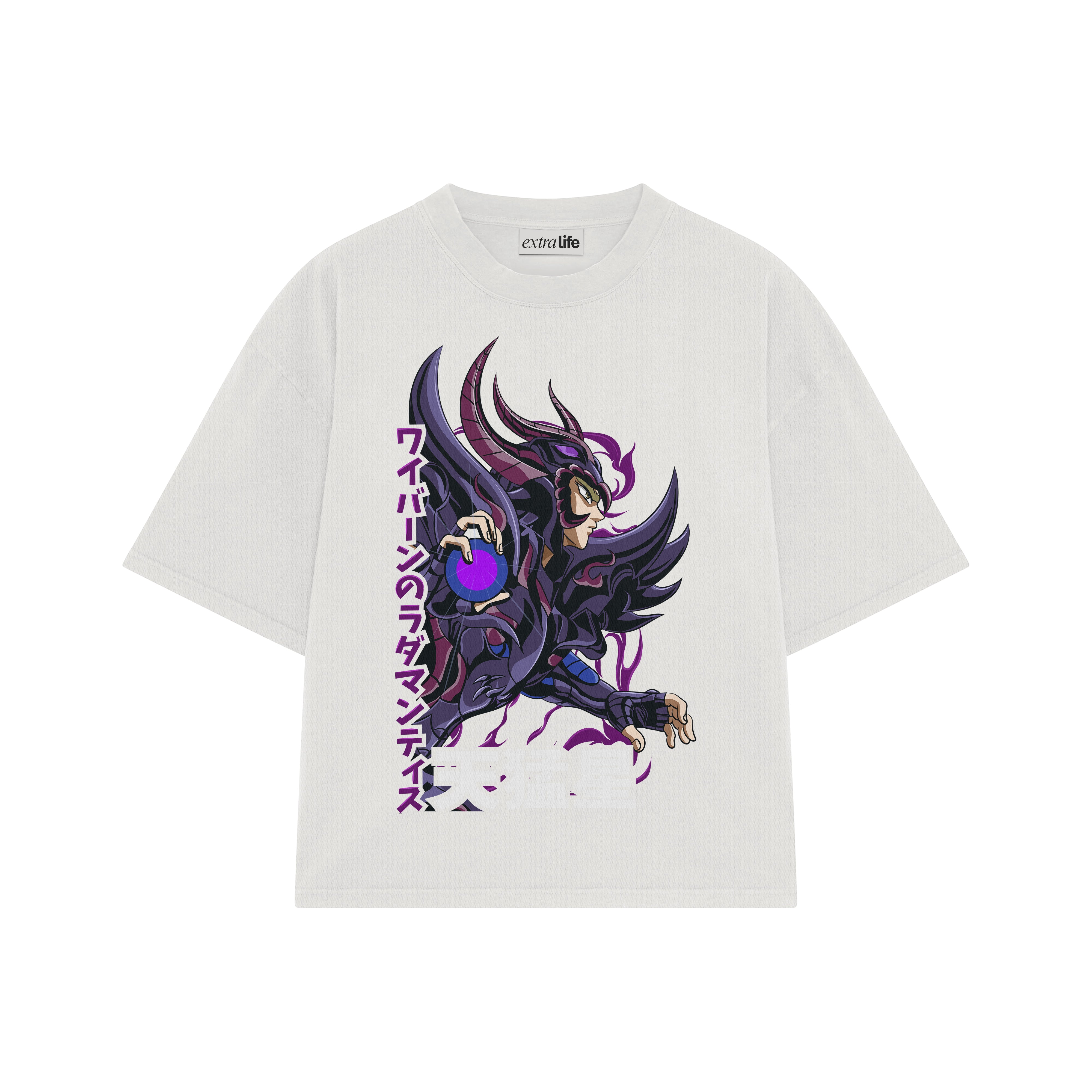 Playera streetwear premium de anime y gaming ExtraLife MX, corte boxy oversized drop shoulder heavyweight en color Deep Black y Off-White, moda urbana mexicana de culto.
