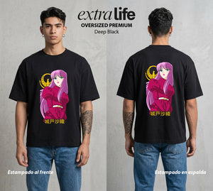 Los Caballeros del Cosmos | El Meteor del Cosmos #03853 - Playera Oversized Premium | Deep Black - Foto en modelo