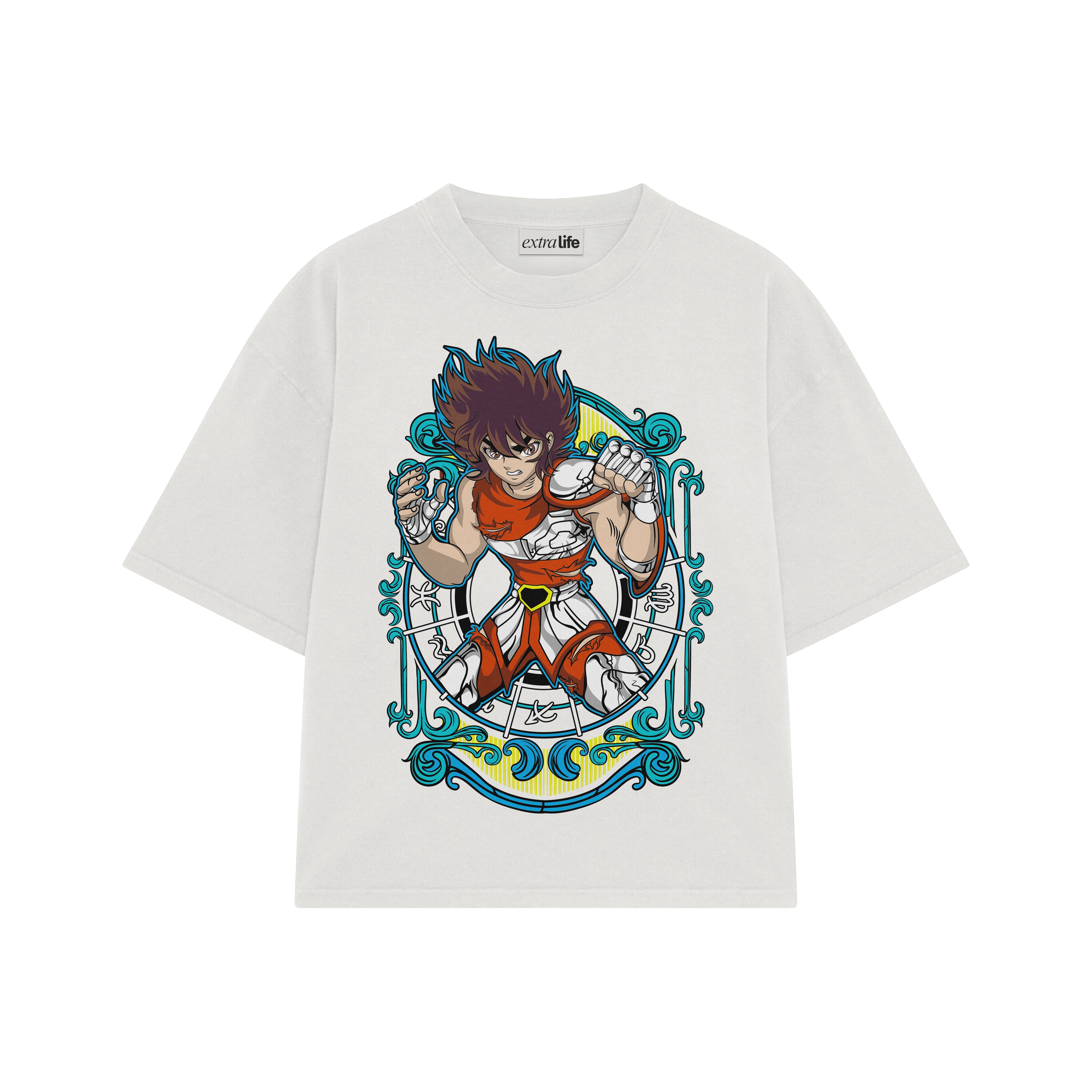 Playera streetwear premium de anime y gaming ExtraLife MX, corte boxy oversized drop shoulder heavyweight en color Deep Black y Off-White, moda urbana mexicana de culto.
