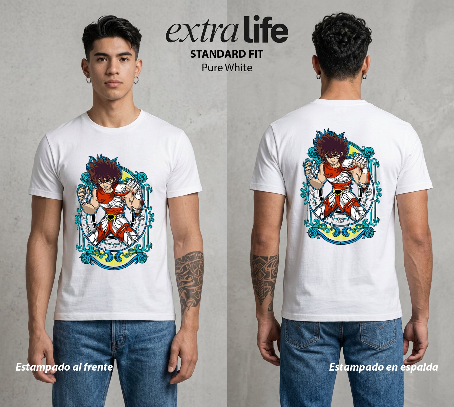 Los Caballeros del Cosmos | El Meteor del Cosmos #03857 - Playera Standard Fit | Pure White - Foto en modelo