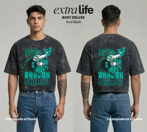 Playera streetwear premium de anime y gaming ExtraLife MX, corte boxy deluxe mineral wash heavyweight en color Acid Wash, moda urbana mexicana de culto.