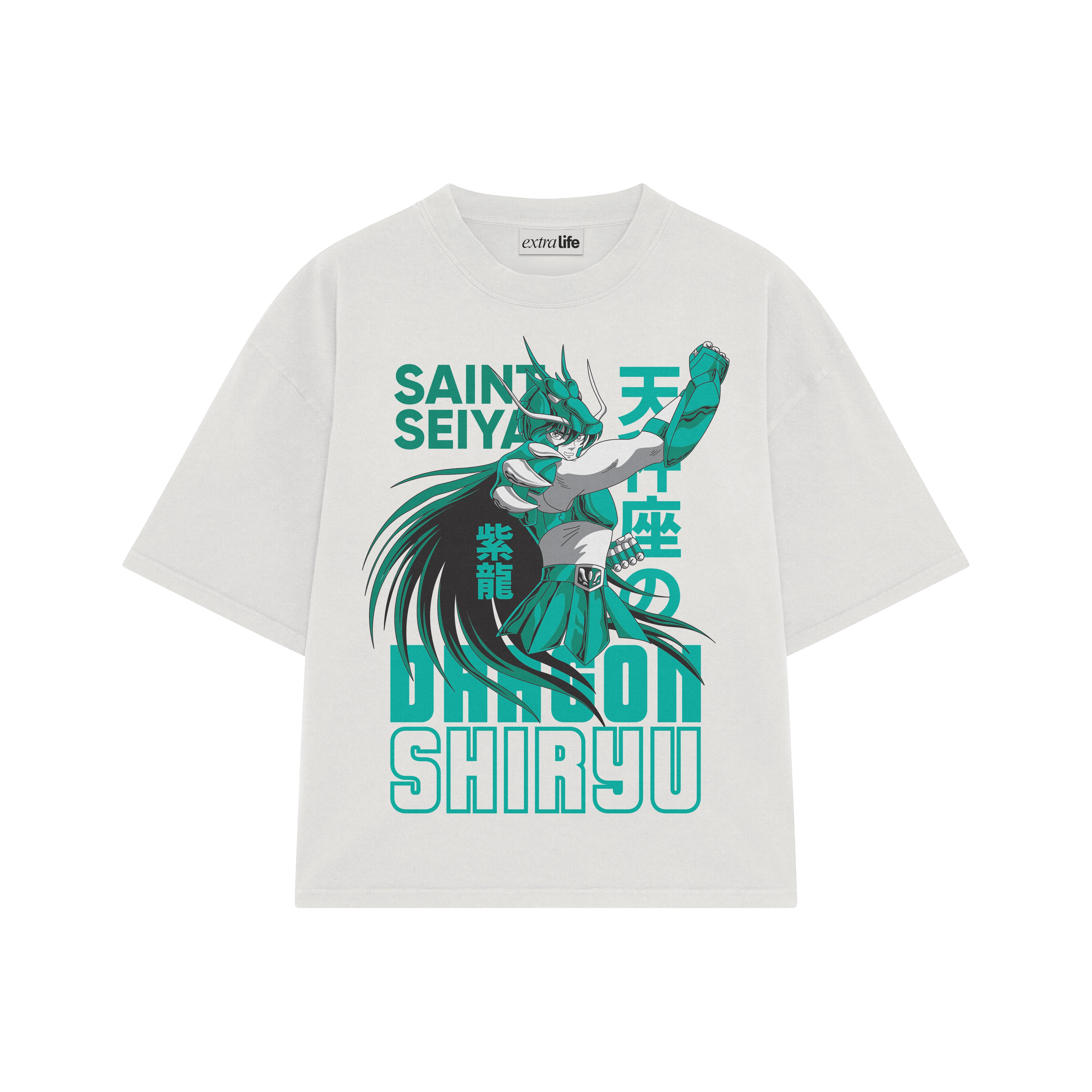 Playera streetwear premium de anime y gaming ExtraLife MX, corte boxy oversized drop shoulder heavyweight en color Deep Black y Off-White, moda urbana mexicana de culto.