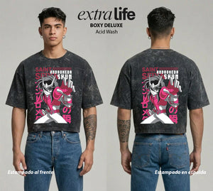 Playera streetwear premium de anime y gaming ExtraLife MX, corte boxy deluxe mineral wash heavyweight en color Acid Wash, moda urbana mexicana de culto.