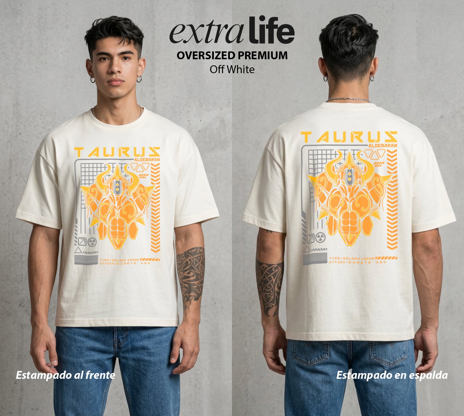 Los Caballeros del Cosmos | El Meteor del Cosmos #03860 - Playera Oversized Premium | Off White - Foto en modelo