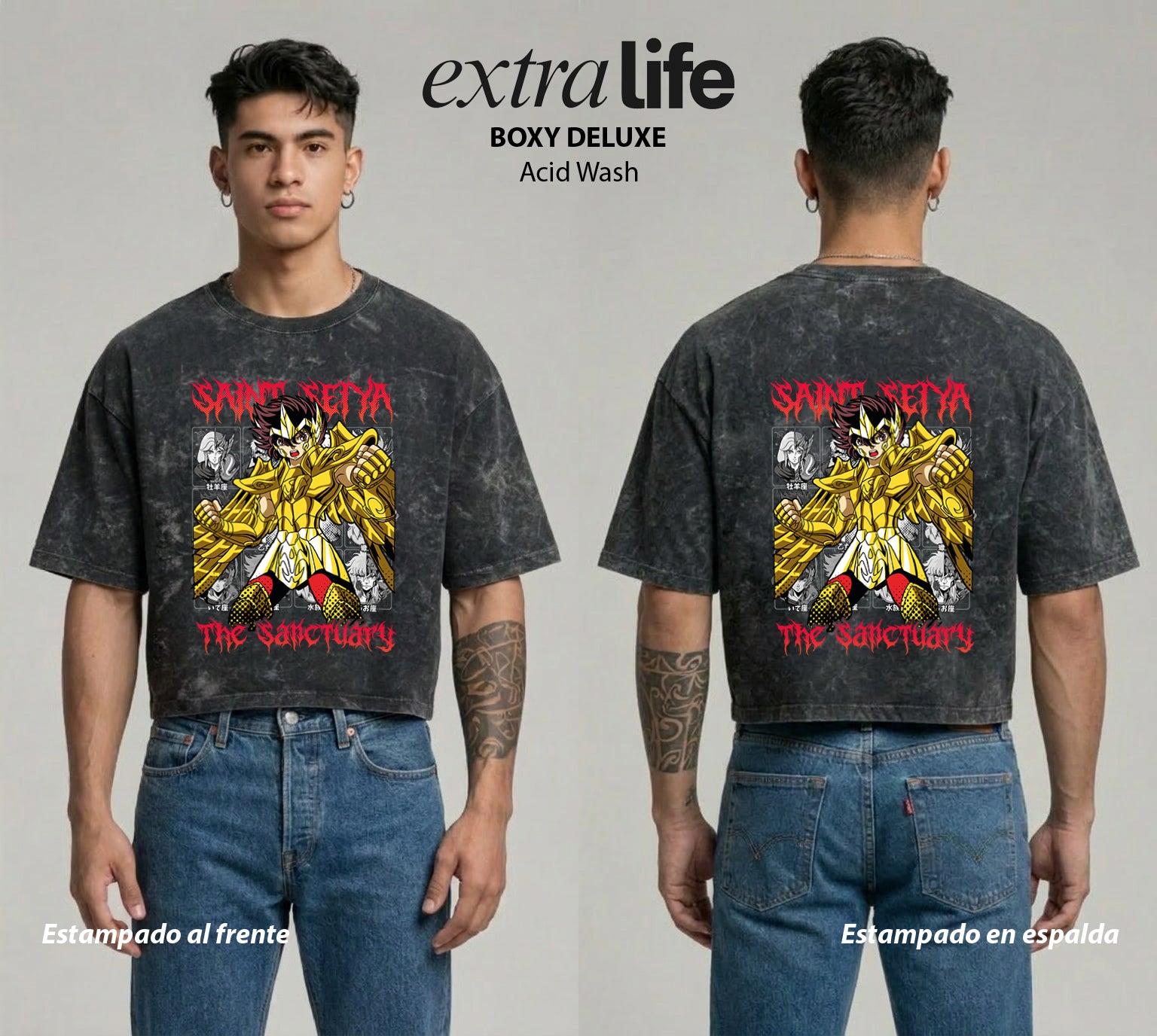 Playera streetwear premium de anime y gaming ExtraLife MX, corte boxy deluxe mineral wash heavyweight en color Acid Wash, moda urbana mexicana de culto.