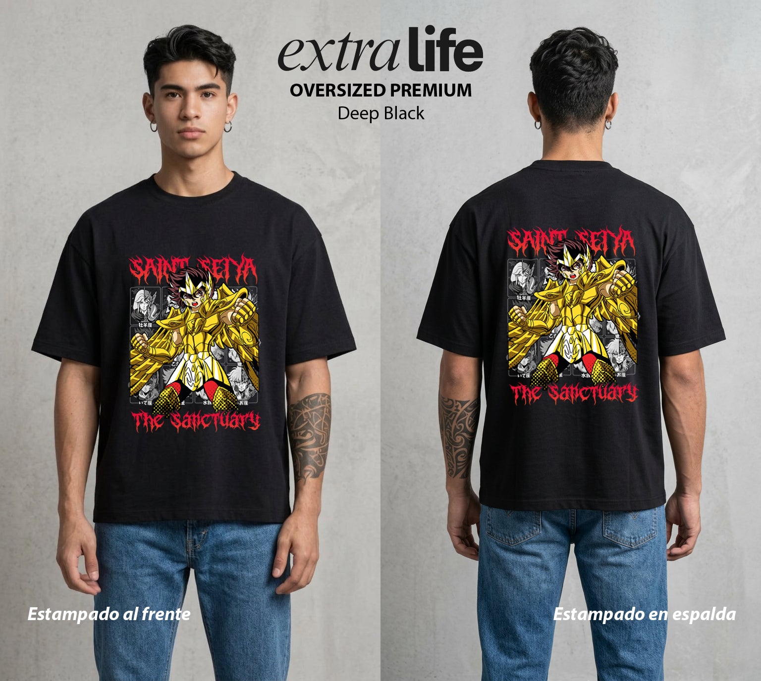 Los Caballeros del Cosmos | El Meteor del Cosmos #03863 - Playera Oversized Premium | Deep Black - Foto en modelo
