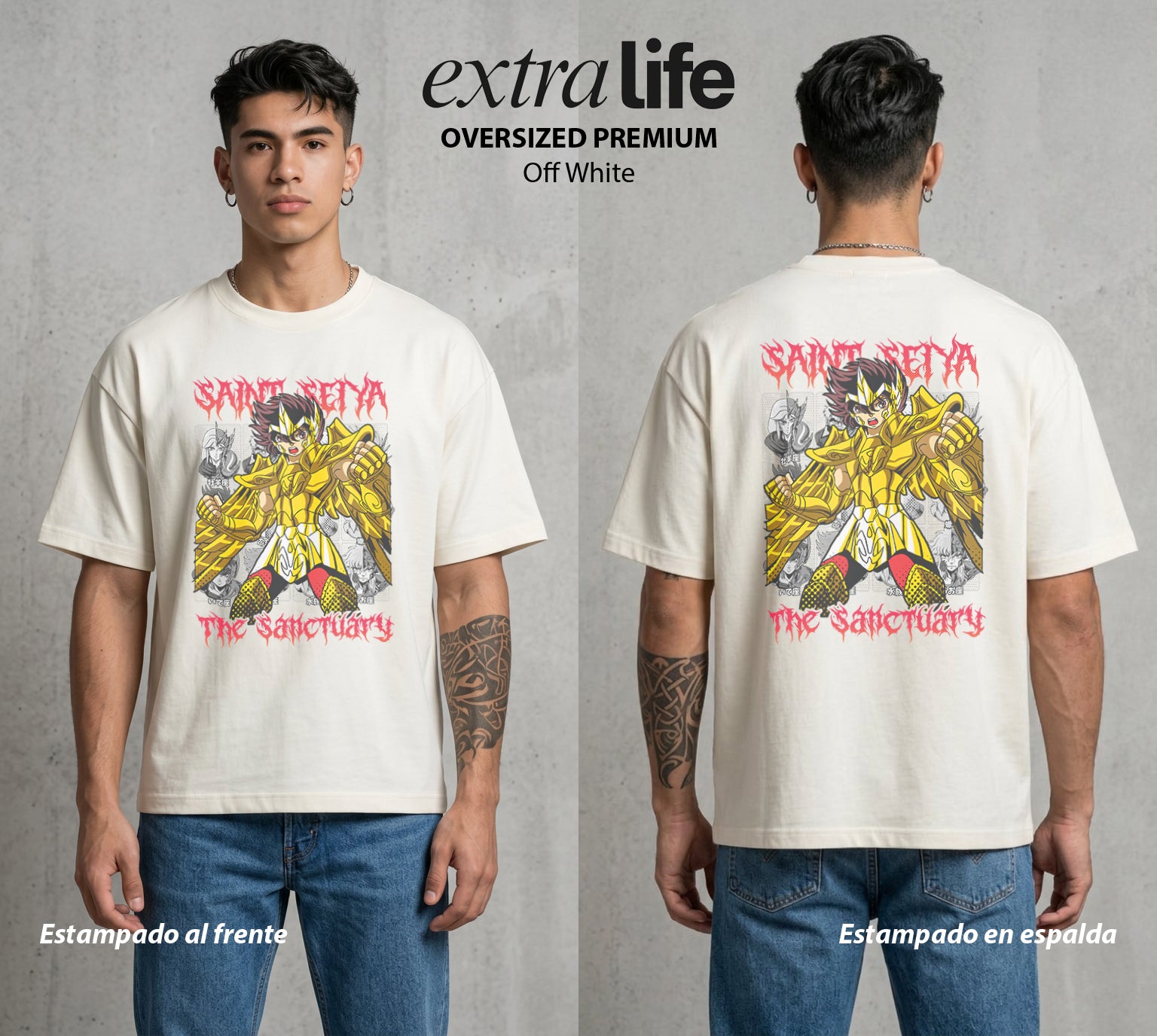 Los Caballeros del Cosmos | El Meteor del Cosmos #03863 - Playera Oversized Premium | Off White - Foto en modelo