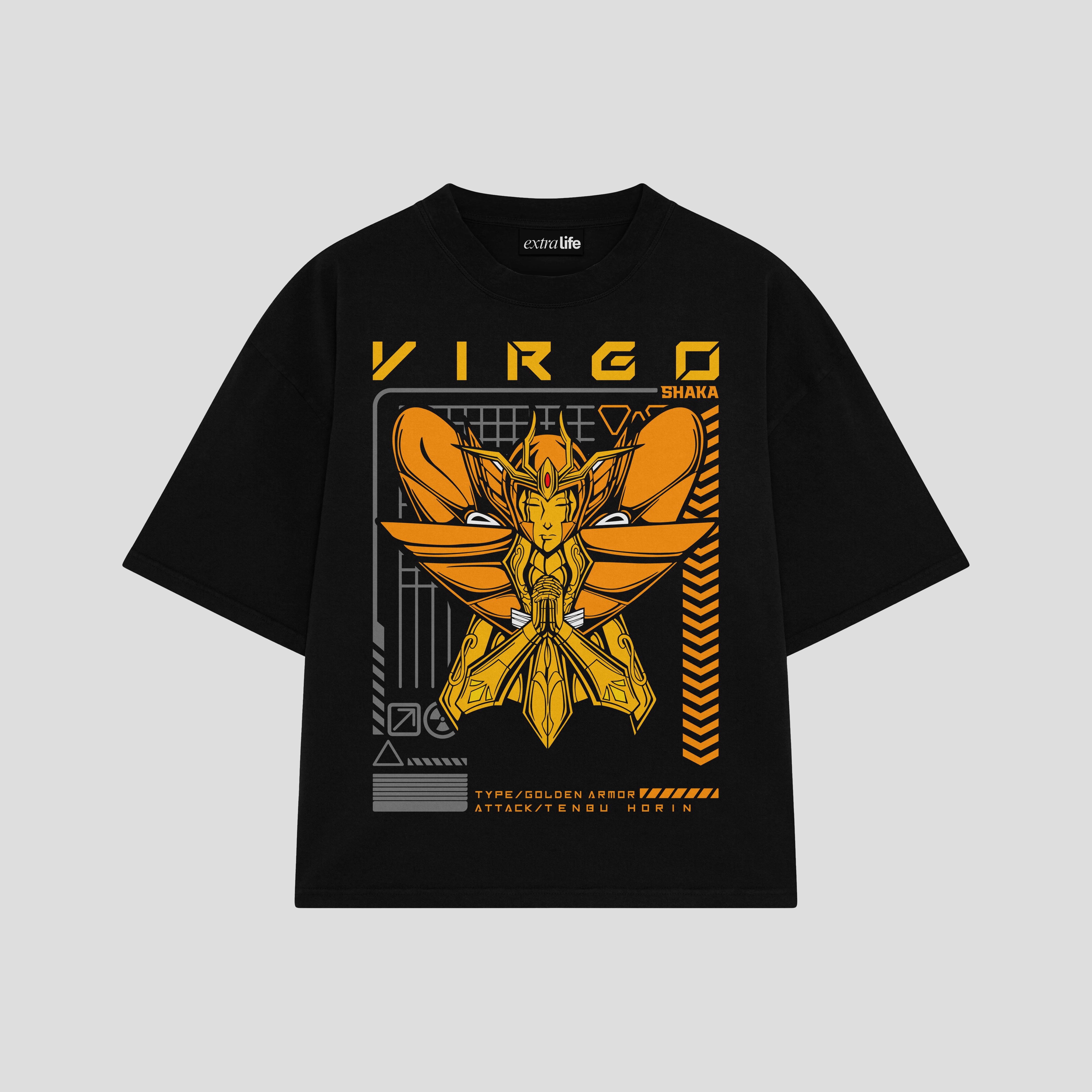 Playera streetwear premium de anime y gaming ExtraLife MX, corte boxy oversized drop shoulder heavyweight en color Deep Black y Off-White, moda urbana mexicana de culto.