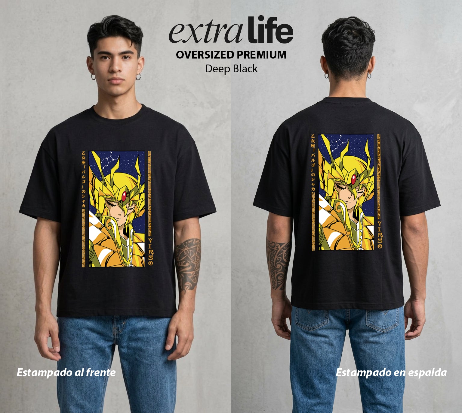 Los Caballeros del Cosmos | El Meteor del Cosmos #03865 - Playera Oversized Premium | Deep Black - Foto en modelo