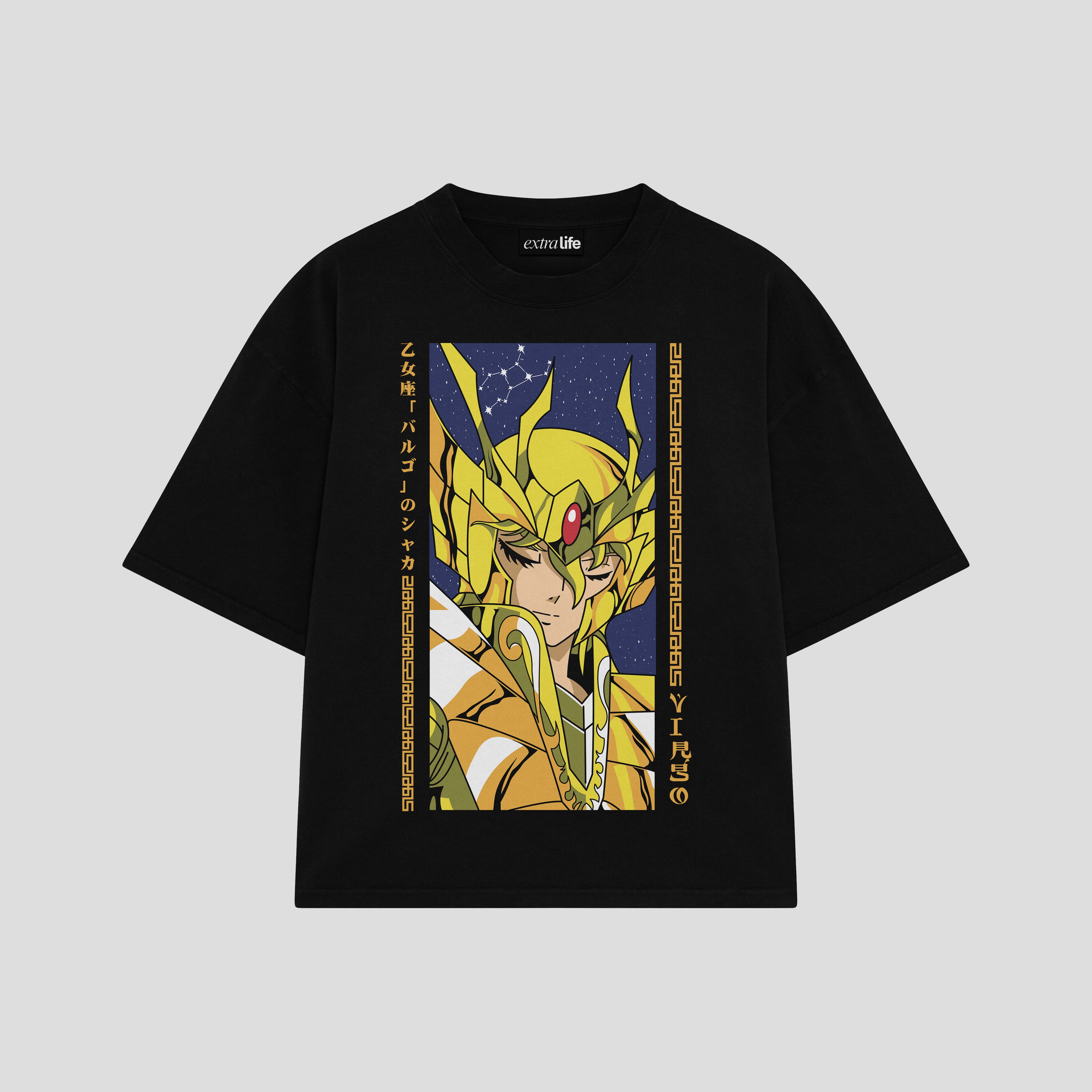 Playera streetwear premium de anime y gaming ExtraLife MX, corte boxy oversized drop shoulder heavyweight en color Deep Black y Off-White, moda urbana mexicana de culto.