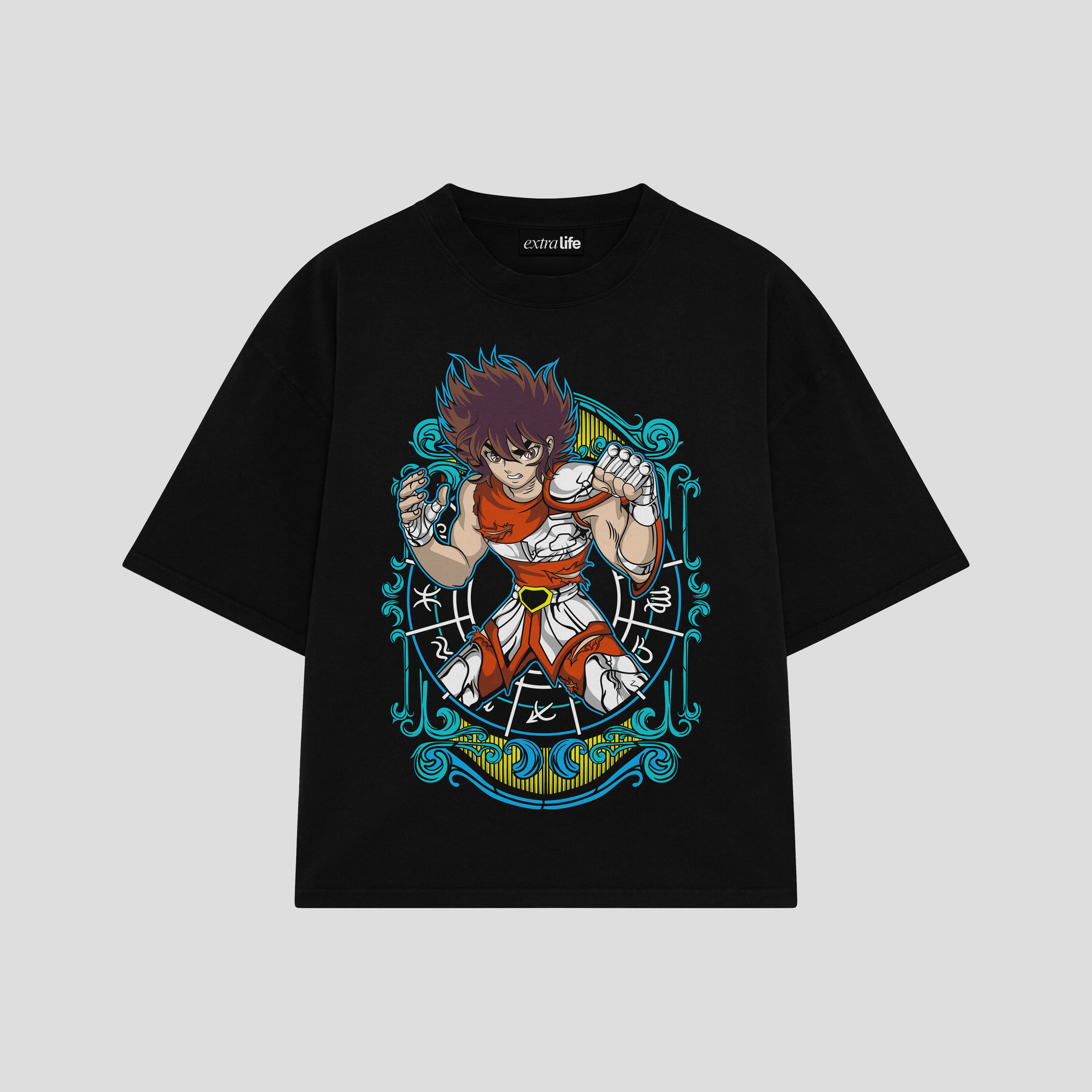 Playera streetwear premium de anime y gaming ExtraLife MX, corte boxy oversized drop shoulder heavyweight en color Deep Black y Off-White, moda urbana mexicana de culto.