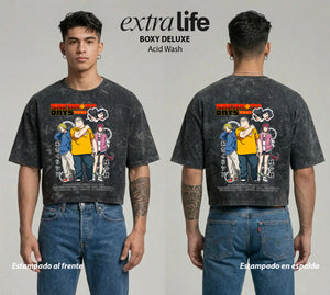 Playera streetwear premium de anime y gaming ExtraLife MX, corte boxy deluxe mineral wash heavyweight en color Acid Wash, moda urbana mexicana de culto.